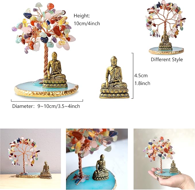 Buddha Statue with Healing Crystal Tree, Tree of Life for Positive Energy. Home Decor Yoga Meditation.7 Chakra.(C)