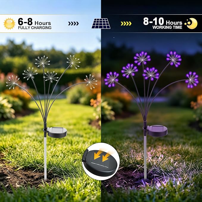 Solar Garden Lights Outdoor, Upgraded Solar Swaying Starburst Light Waterproof with 2 Modes, Solar Fairy Firework Lights for Yard Patio Pathway Flowerbed Balcony Garden Decoration (Purple, 2 Pack)