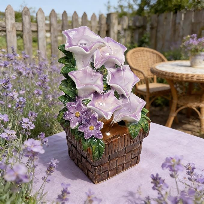 Tabletop Water Fountain Purple Water Fountains Indoor Morning Glory Themed Lavender Desk Fountain with Light for Home Heavenly Blue Zen Water Fountain for Room Relaxation Meditation(Lavender)