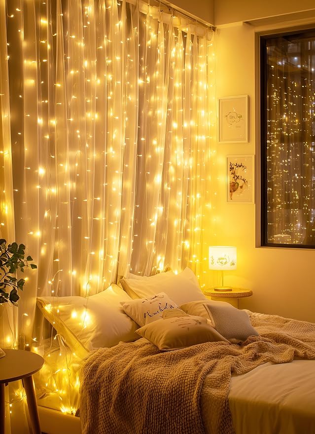 Brightown 2 Pack 300 LED Fairy Curtain Lights, 9.8ft x 9.8ft String Lights | USB Plug in 8 Lighting Modes Christmas String Hanging Lights with Remote for Bedroom Indoor Outdoor Party Xmas Warm White