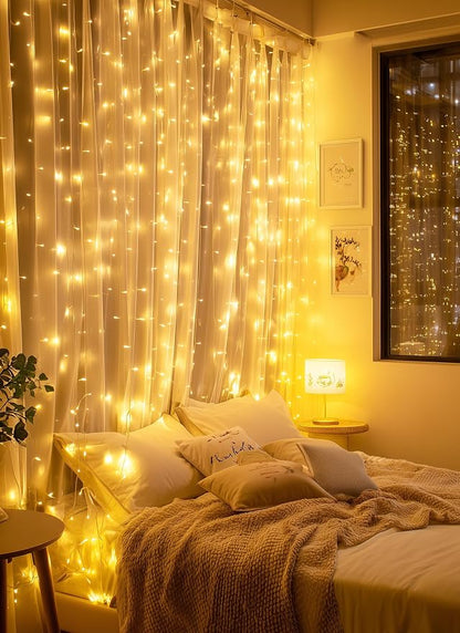 Brightown 2 Pack 300 LED Fairy Curtain Lights, 9.8ft x 9.8ft String Lights | USB Plug in 8 Lighting Modes Christmas String Hanging Lights with Remote for Bedroom Indoor Outdoor Party Xmas Warm White