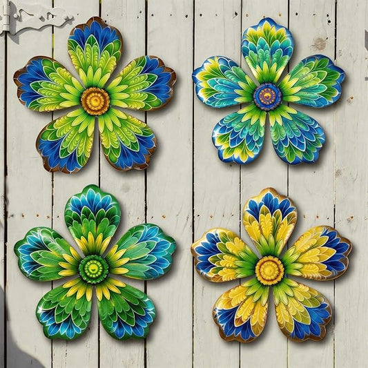 4-Pack Metal Flower Wall Decor, Outdoor Fence and Garden Art | Outdoor Wall Decor art, Easy To Hang, Ideal for outdoor fences, gardens, patios, yards and exterior walls