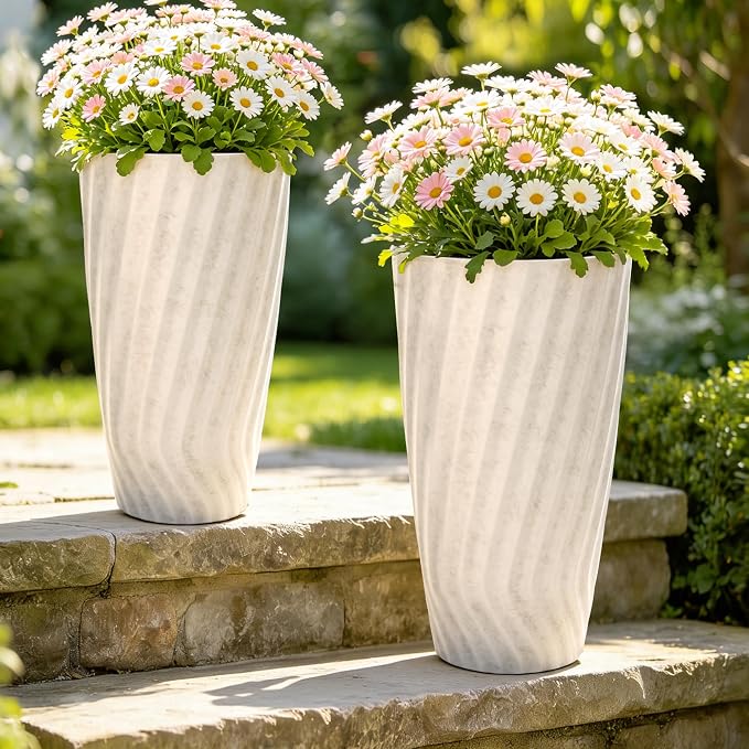 24" Vintage Ivory Marble-Textured Tall Planters Set of 2 | Handmade Marble-Textured Resin-Stone Pots with UV-Protected Weather Resistance for Front Porch, Patio, Garden, or Indoor Use