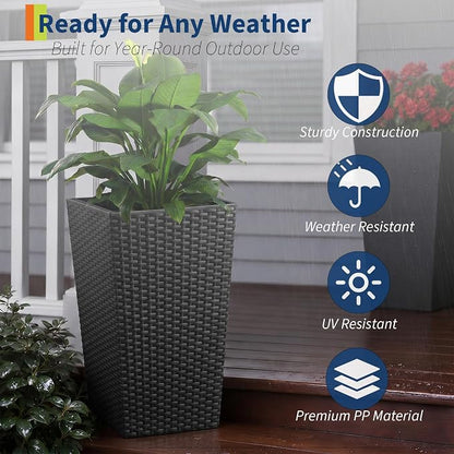 Garvee Set of 2 Tall Rattan Planters, 16 Inch Black Planters for Indoor Outdoor Plants, Flower Pots with Drainage & Water Level Window for Porch, Patio & Balcony