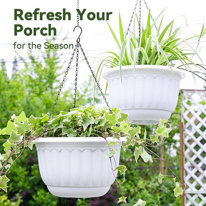 YIKUSH 12 Inch Hanging Planters for Outdoor Plants, 2 Pack Plastic Hanging Flower Pots with Drainage Hole & Tray, Hanging Basket Style Pots for Porch Patio Balcony Decor (White)