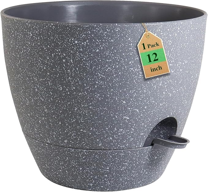 WSMKSZ 12 inch Large Self Watering Pots, Planter, Plant Pots with Mesh Drainage Holes for Indoor Outdoor House Plants and Garden, Plastic Flower Pots with Deep Reservoir, Speckled Grey