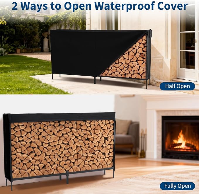DUMOS 8FT Heavy Duty Firewood Storage Rack, Heavy Duty Firewood Log Racks with Cover and Zipper, Outdoor Fire Wood Racks Storage Logs Rack and Cover Set for Farm, Garden, Patio, Black
