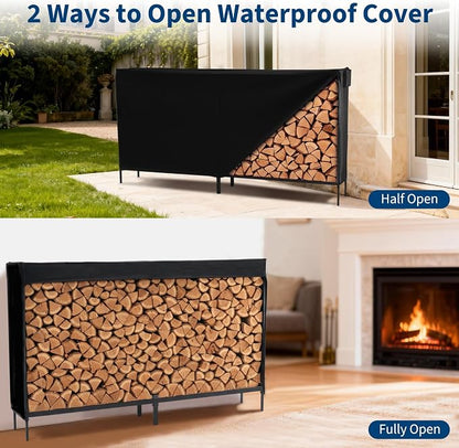 DUMOS 8FT Heavy Duty Firewood Storage Rack, Heavy Duty Firewood Log Racks with Cover and Zipper, Outdoor Fire Wood Racks Storage Logs Rack and Cover Set for Farm, Garden, Patio, Black