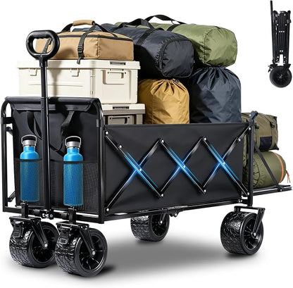 Upgraded Folding Wagon Cart with All-Terrain Wheels – Heavy Duty Collapsible Utility Wagon for Grocery, Sports, Garden, Camping, Shopping (Black 600LBS)