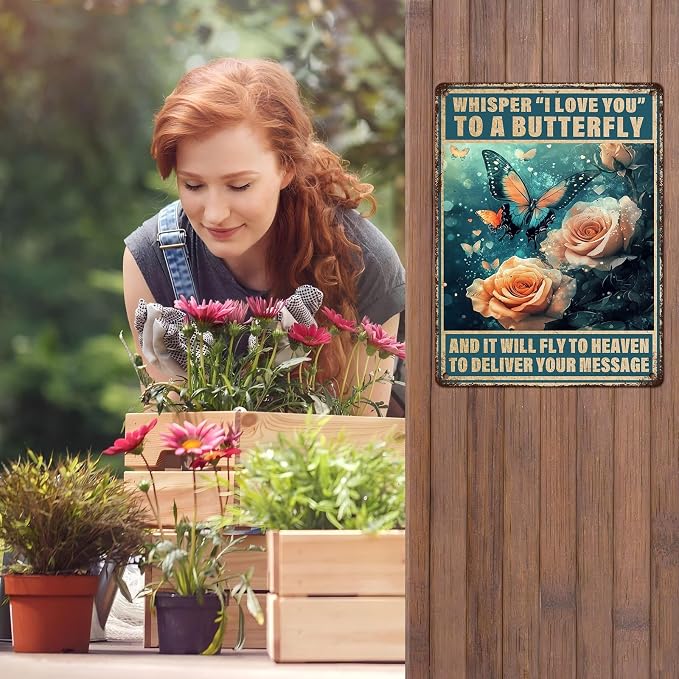 Vintage Tin Sign Whisper I Love You to A Butterfly and It Will Fly to Heaven to Deliver Your Message Tin Sign Decorative Plaque Poster 12 * 16inch