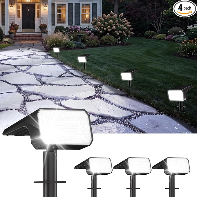 Fabrito Upgraded Solar Spot Lights Outdoor IP67 Waterproof 4 Pack, [108 LEDs, 4 Modes, 800LM] Dusk to Dawn Spotlights for All Night, 2-in-1 Solar Landscape Lights for Garden, Yard, Tree, Cool White