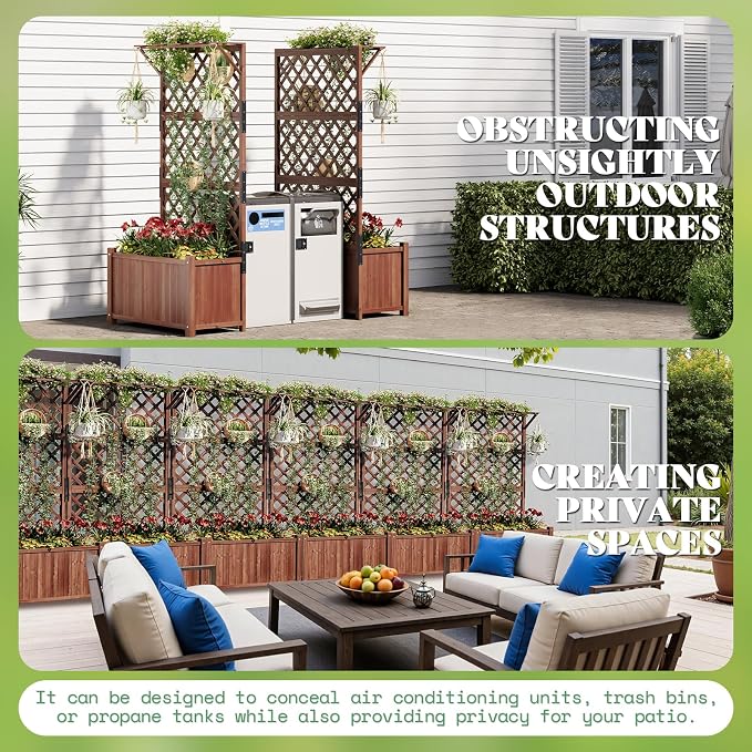 AMERLIFE Raised Garden Bed with Trellis for Vegetables, Climbing Plants, Durable Natural Wood Planter Box with Drainage Holes, Privacy Planter for Outdoor Yard & Patio, Easy Assembly