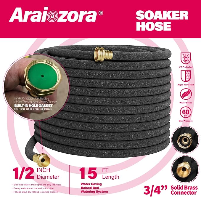 Soaker Hose 15FT 1/2 Inch Premium Soaker Hose with Solid Brass Connectors, for Deep Root Watering in Flower Beds & Landscaping