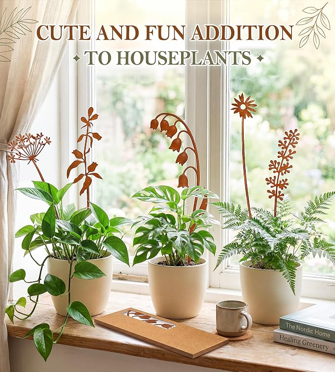 VIS'V Decorative Garden Stakes, Metal Flower Plant Yard Art Stakes, 5 Pcs | 15.7 In Length, Pre-rusted Finish, Rusty Art Decor for Outdoor Indoor