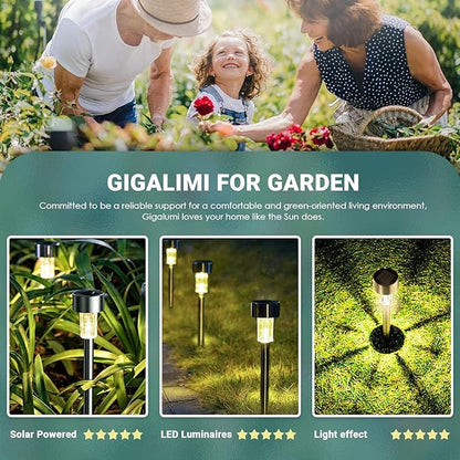 GIGALUMI 16 Pack Solar Lights Outdoor Waterproof,Stainless Steel LED Solar Garden Lights, Solar Pathway Lights Outdoor, Outdoor Solar Lights for Yard, Patio, Lawn and Landscape(Warm White)