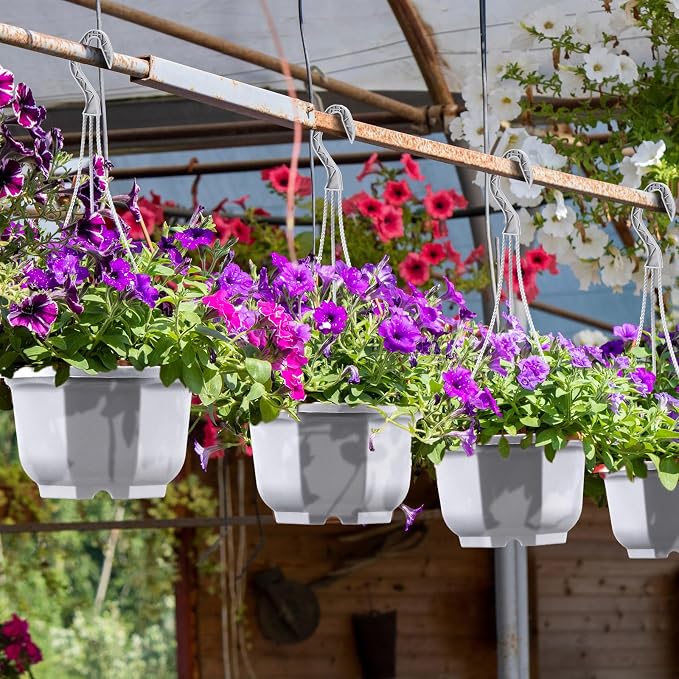 Roshtia 50 Pcs 6.7 Inch Plastic Hanging Plant Pots with Hooks Flower Pots Baskets Outdoor Hanging Nursery Planter Holder for Home Garden Balcony Porch(Gray White)