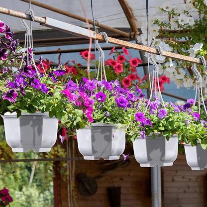 Roshtia 50 Pcs 6.7 Inch Plastic Hanging Plant Pots with Hooks Flower Pots Baskets Outdoor Hanging Nursery Planter Holder for Home Garden Balcony Porch(Gray White)