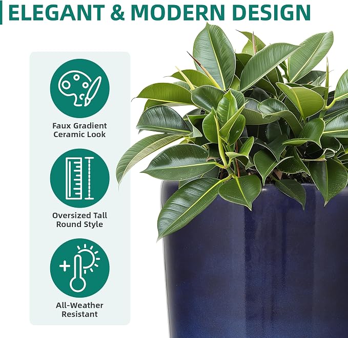 22.8" Gradient Blue Resin Tall Outdoor Planters with Drainage Holes | Set of 2 resin tall planters with deep gradient blue finish, drainage plugs, and UV-resistant surface for porch or patio