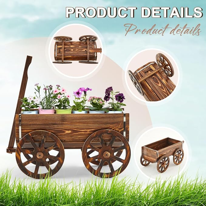 Beeveer Wooden Wagon Flower Planter Cart Garden Planter Box with Wagon Wheels Cart for Home Garden Outdoor Balcony Decorative, Patio Flowers Herbs Vegetables, Brown 23.23 x 11.41(Classic)