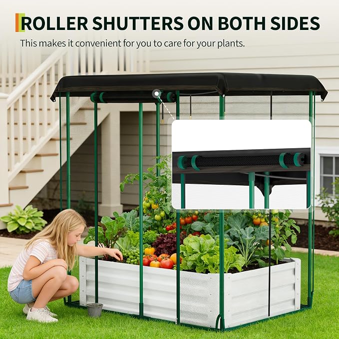 Garvee Galvanized Raised Garden Bed with Self Watering System & Mesh Cover | Large Metal Outdoor Planter Garden Boxes for Vegetables Herbs Flowers, with Top Sunshade Net, 4x3x1 FT