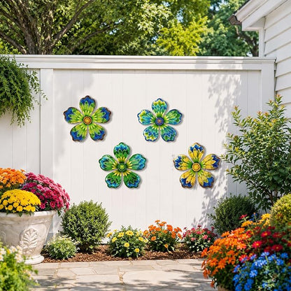 4-Pack Metal Flower Wall Decor, Outdoor Fence and Garden Art | Outdoor Wall Decor art, Easy To Hang, Ideal for outdoor fences, gardens, patios, yards and exterior walls