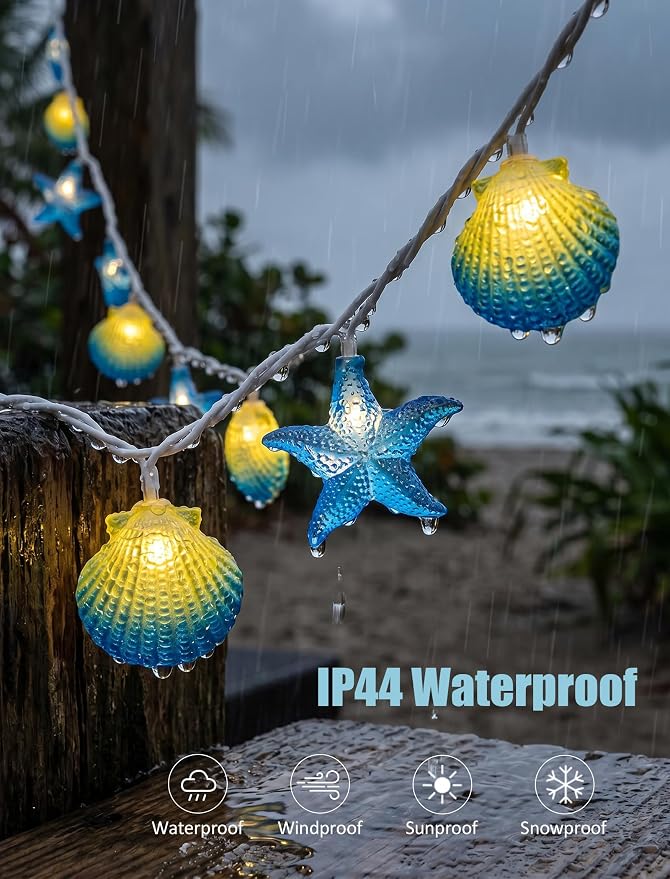 8.5Ft Beach Themed Seashell String Lights, 10L LED Starfish Seashell Lights Plug in for Boho Coastal Bedroom Seashell Party Nautical Party Holiday Decor, Indoor Outdoor
