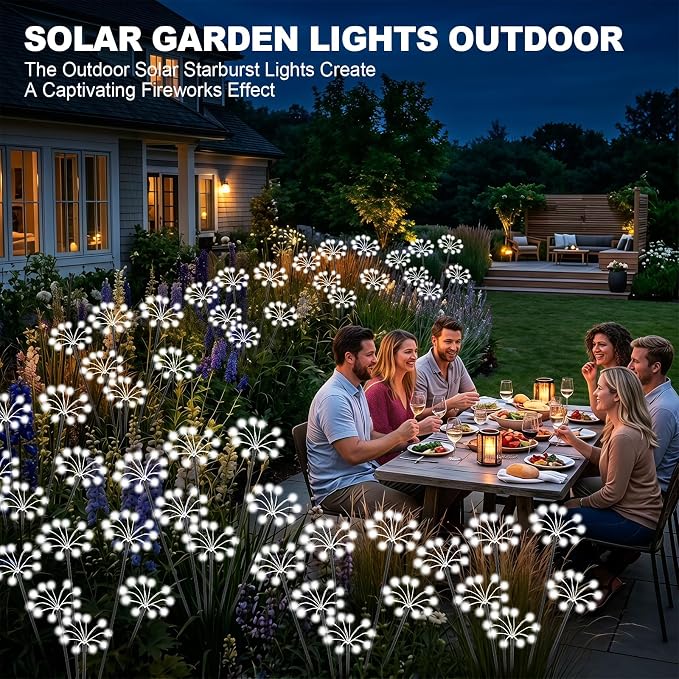 Solar Garden Lights Outdoor, 2 Pack New Upgraded Solar Swaying Starburst Light, Waterproof Fireworks Solar Lights, Yard Patio Pathway Decoration, White