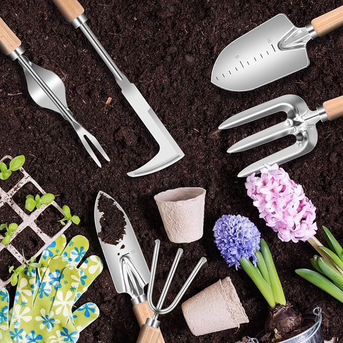 Weed Puller Tool, 6 Piece Stainless Steel Heavy Duty Weeding Tool, Weed Puller, Crack Weeder Tool, Weed Remover Tool with Ergonomic Wooden Handle, Gardening Gifts for Women