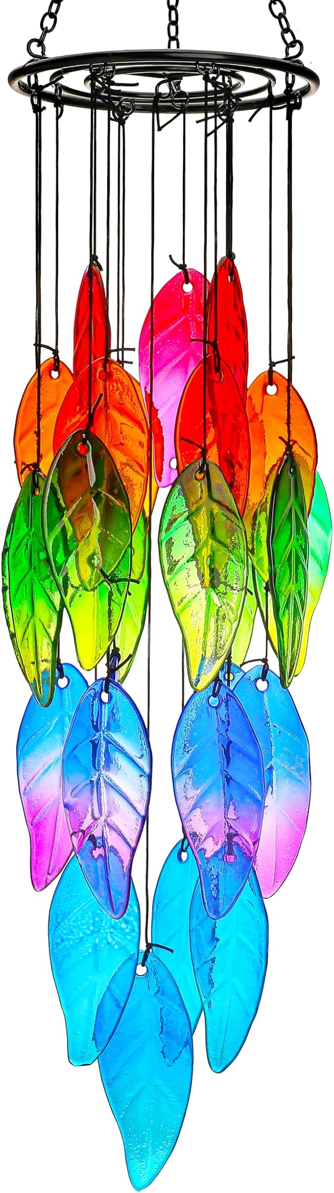 YU FENG 18 Inch Stained Glass Leaves Wind Chimes for Outside Garden | Handmade Glass Wind Chime, Forest Leaf Design, Rainbow Light Catcher, Patio Window Yard Hanging Decor