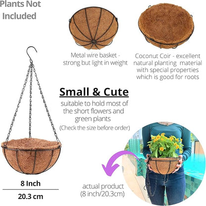 LaLaGreen Hanging Baskets (8 Inch, 10 Pack) Small Hanging Planter with Coco Liner Round Flower Pots, Black Outdoor Planters Basket Metal Wire Holder Hook Deck Porch Modern Garden Balcony Decorations