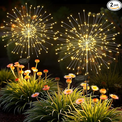 Solar Lights Outdoor, 120LED 2pack Fairy Garden Lights Decor for Outside Fireworks Lights Solar Powered for Yard, Patio, Pathway, Walkway, Balcony, Warm White