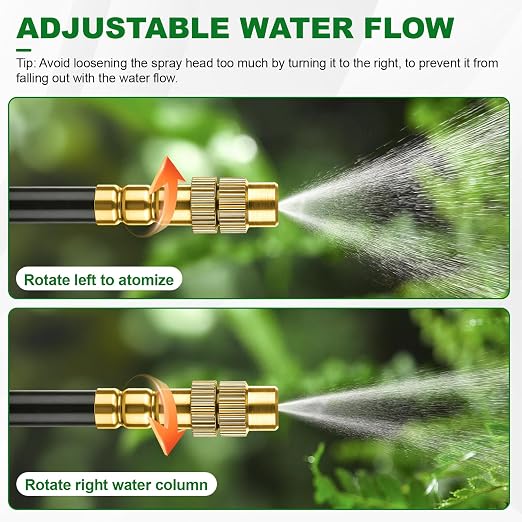 Drip Irrigation System, 30FT 1/4" Garden Watering for Outdoor Plants & Raised Beds, 10pcs Upgraded Brass Nozzles 360° Adjustable Misting Kit, UV-Resistant Tubing for Greenhouse, Lawn & Patio Cooling