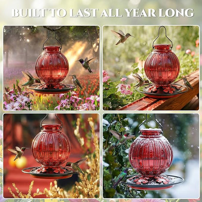 2 Pack Glass Hummingbird Feeder for Outdoors Hanging, Bird Nectar Feeder with Perch & 5 Flower Feeding Ports, 26 Oz Leak Proof for Outside Garden Decor Backyard, Gifts for Women Mom, Red + Purple Red