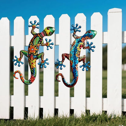 Ratuor Metal Gecko Wall Art Outdoor Fence Decor Lizards Wall Decoration 2 Pack Suitable for Hanging in Yard Livingroom Wall