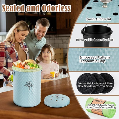 AOSION Countertop Kitchen Odorless Compost Bin with Removable Inner Bucket | 1 Gallon Composter Container,Includes 50 Compost Bags,2 Carbon Filters,Compost Bucket, ideal for food scraps,coffee grounds