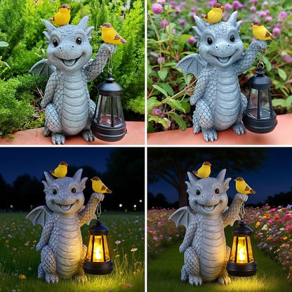 Solar Dragon Garden Statue with Lantern and Birds – Resin Dinosaur Figurine with LED Light for Yard, Outdoor Decor, Gifts for Mom, Women (Dragon)
