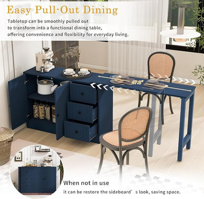 Merax Modern Wood Buffet Storgae Cabinet with Extendable Table, Buffet Coffee Bar Sideboard w/ 2 Doors and 3 Drawers for Living Room Dinning Room Kitchen Navy Blue