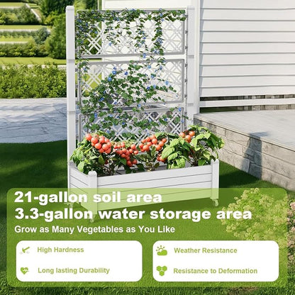 PatioZen Raised Garden Bed with Trellis, 21 Gallon Self Watering Planter Box with Lockable Wheels & Drainage Holes for Climbing Plants Vegetables Flowers, Anti-Rust Resin for Backyard Patio (Ashen)