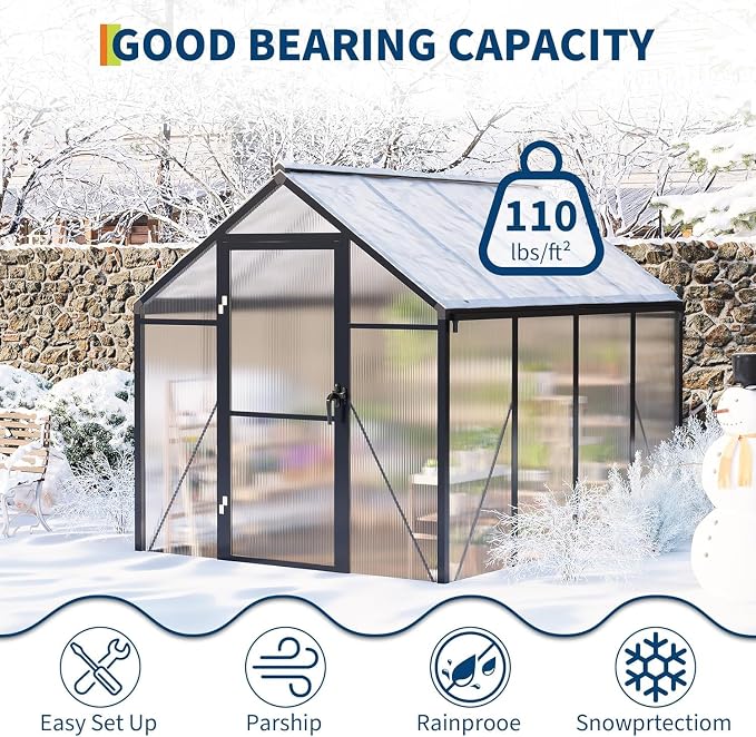6 x 8 ft Greenhouse, Greenhouses for Outside, Polycarbonate Greenhouse with Aluminum Frame, Lockable Door and Ajustable Roof Vent for Backyard, Green Houses for Outside Garden Backyard, Patio