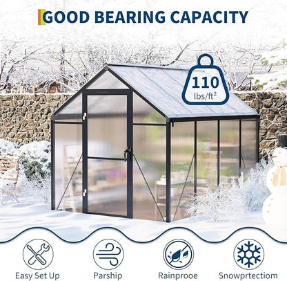 6 x 8 ft Greenhouse, Greenhouses for Outside, Polycarbonate Greenhouse with Aluminum Frame, Lockable Door and Ajustable Roof Vent for Backyard, Green Houses for Outside Garden Backyard, Patio