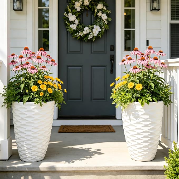 2-Pack 19" White Resin Tall Outdoor Planters with Wave Texture | High-density resin planters with Nordic wave texture, drainage holes, and weather-resistant finish for porch or patio