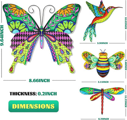 4pcs Metal Outdoor Wall Art Decor,3D Colorful Dragonfly+Hummingbird+Butterfly+Bee Hanging Decorations Ornament for Garden Fence,Patio,Yard