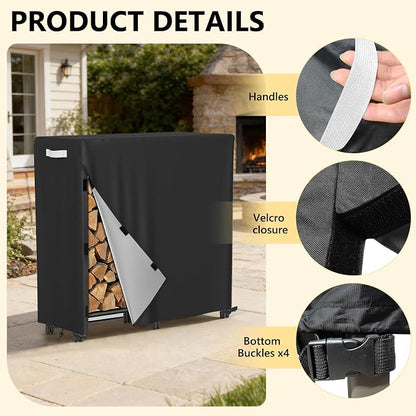 AKEfit 4ft Firewood Racks Cover,Heavy Duty Waterproof Outdoor Logs Holder Stand Cover with Velcro-Black
