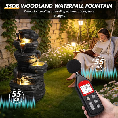 25.6" Outdoor Rock Water Fountain, Garden Water Feature, Outdoor Fountain with LED Lights, Multi Tier Cascading freestanding Water Fountain, Suitable for Patio Yard Porch Landscape, Black