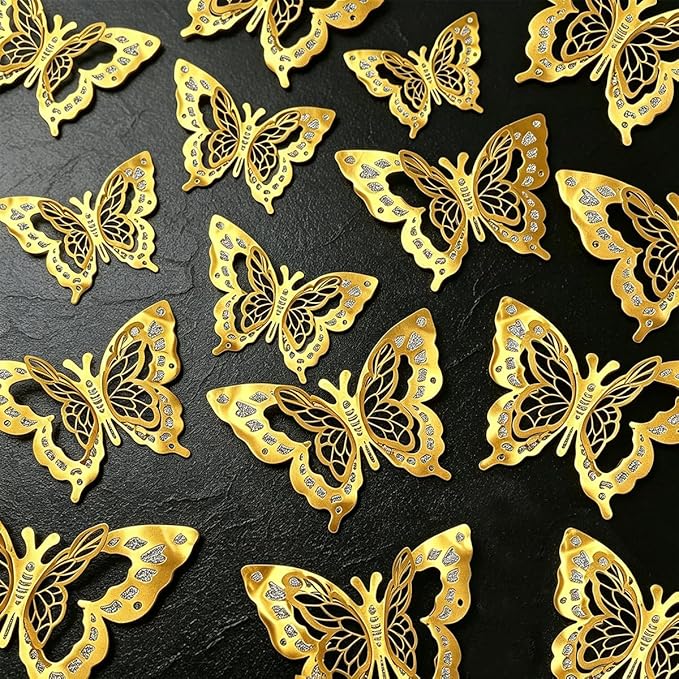 60 Pcs Butterfly Wall Decals - 3D Gold Butterflies Removable Mural Wall Stickers for Home Room Office Bedroom Decorations