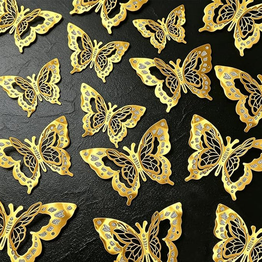 60 Pcs Butterfly Wall Decals - 3D Gold Butterflies Removable Mural Wall Stickers for Home Room Office Bedroom Decorations