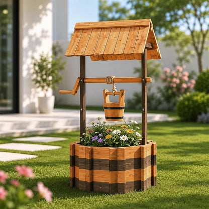 VINGLI Wooden Wishing Well Outdoor Planters, Well Covers for Yard with 2 Reinforced Rods, Height Adjustable Hanging Bucket, Rustic Flower Pot Decor for Outside Patio Garden (Two-Tone, 22" Width)