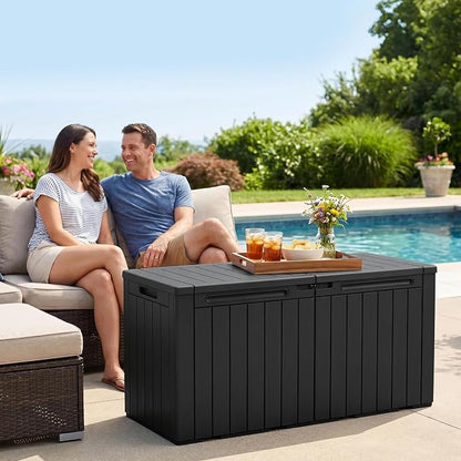 110 Gallon Deck Box Outdoor Indoor Waterproof Storage Box for Patio Furniture, Pool Accessories, Garden Tools, and Cushion Storage, Black