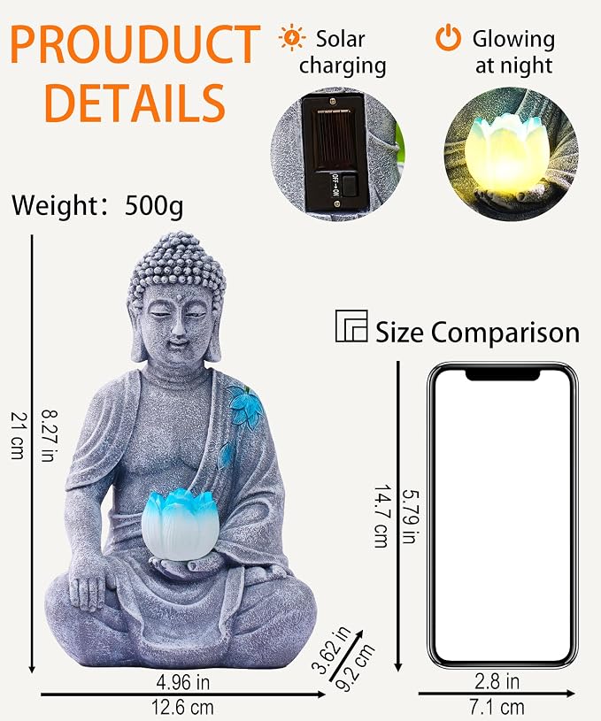 Nacome Solar Buddha Garden Statue Decor: Sitting Resin Figurine with Lotus Flower Light Zen Sculpture for Patio Lawn Yard Porch Balcony Meditation Space - 8.3 inches(Grey)