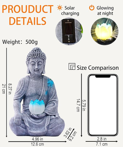 Nacome Solar Buddha Garden Statue Decor: Sitting Resin Figurine with Lotus Flower Light Zen Sculpture for Patio Lawn Yard Porch Balcony Meditation Space - 8.3 inches(Grey)